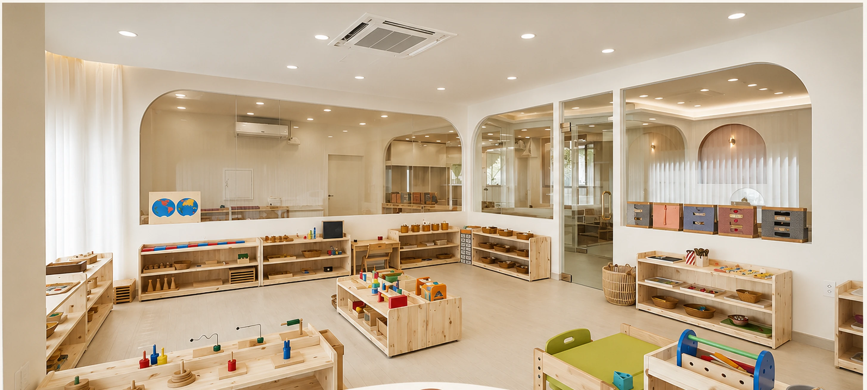 Sala de referência Nido Atelier: ambiente claro com aberturas em arco, estantes baixas de pinho com materiais Montessori organizados e mesa de trabalho em escala criança